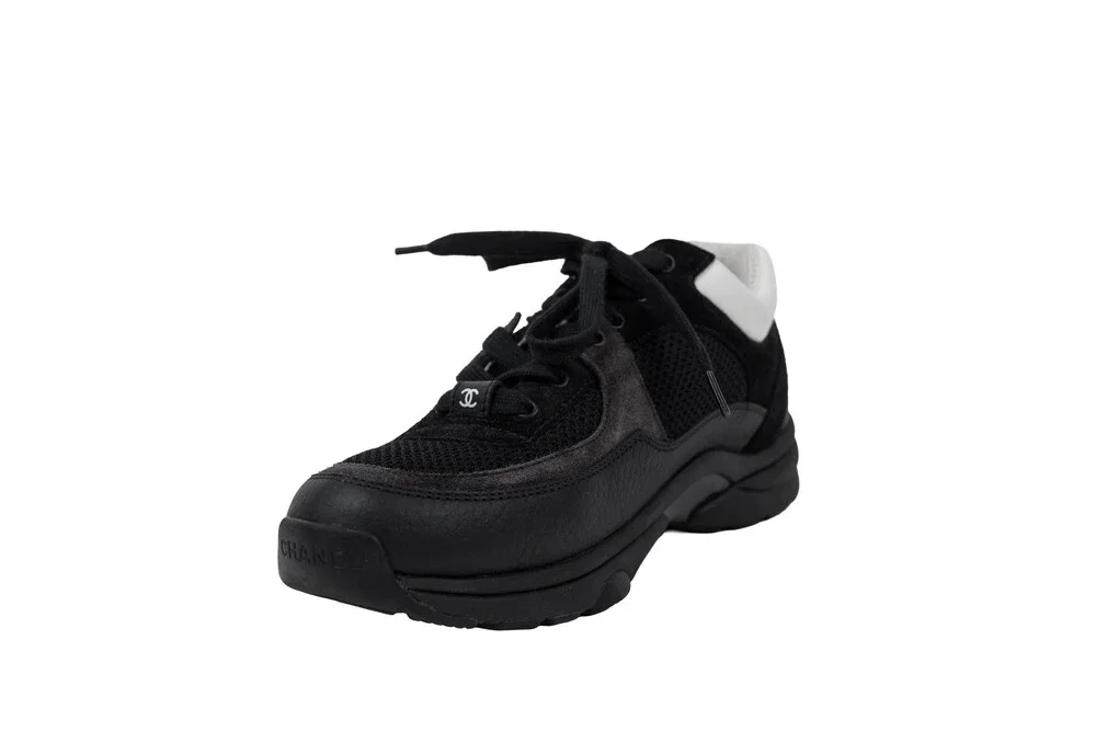 Chanel Black White Low-Top Lace-Up Sneakers Mesh Suede and Calfskin Size 38